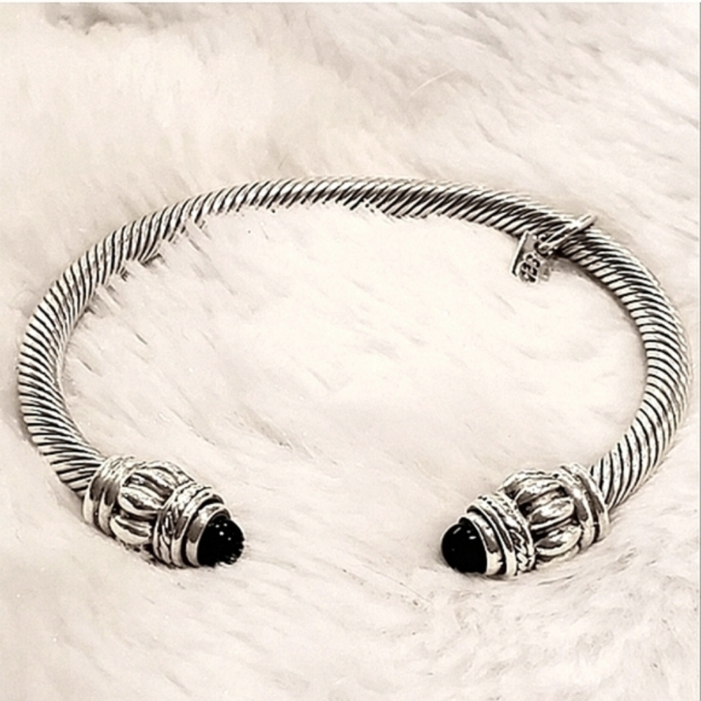 Vintage 925 Sterling Silver Black Onyx Twist Cuff Bracelet